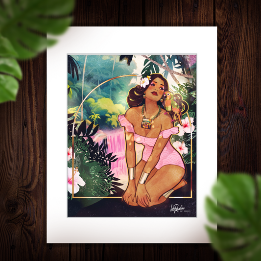 matted print of vintage-style illustration of a tropical pin up girl in the jungle with her pet bird. She is surrounded by a lush setting featuring a pink waterfall and tropical foliage. 