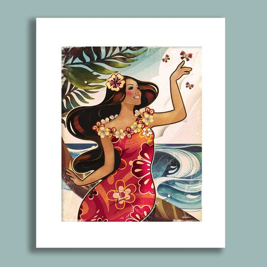 Artistic depiction of a woman in a floral dress with a tropical background