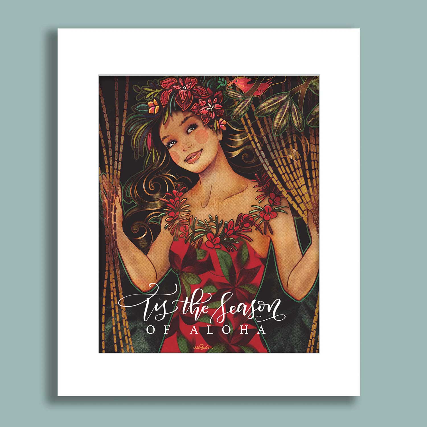 Illustration of a woman with floral decorations and 'Tis the Season of Aloha text on a light blue background