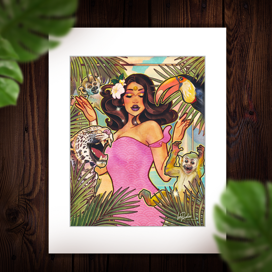 matted print of a vintage-style illustration of a tropical pin up girl having a dance party with her animal friends. Featuring a happy jungle setting, bright pastel colors and retro hawaiian aesthetic