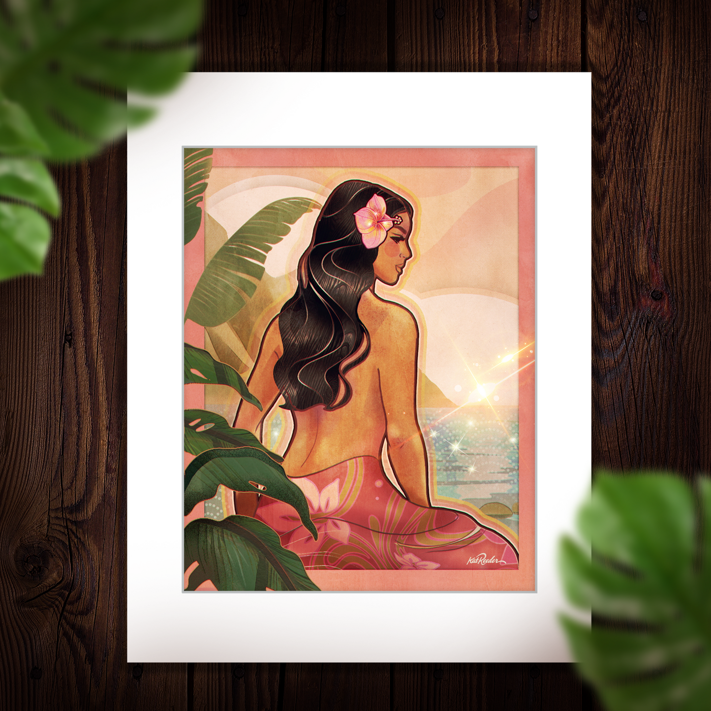 retro style illustration of a topless tropical girl, seen from behind as she sits at the edge of a beach at during a sparkling sunset.  