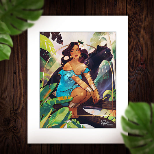 matted print of a vintage-style illustration of a jungle queen crouching next to a black panther in the jungle. Art nouveau and Hawaii theme art.  