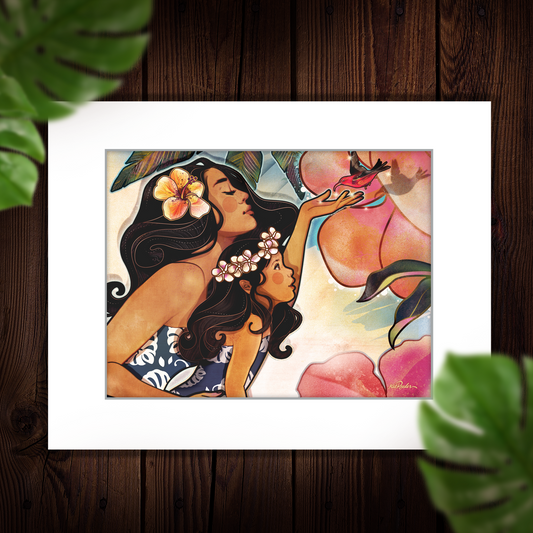 Vintage-inspired matted print capturing the essence of Hawaii: A mother and child depicted in classic illustration style, surrounded by tropical foliage and serene Hawaiian landscape