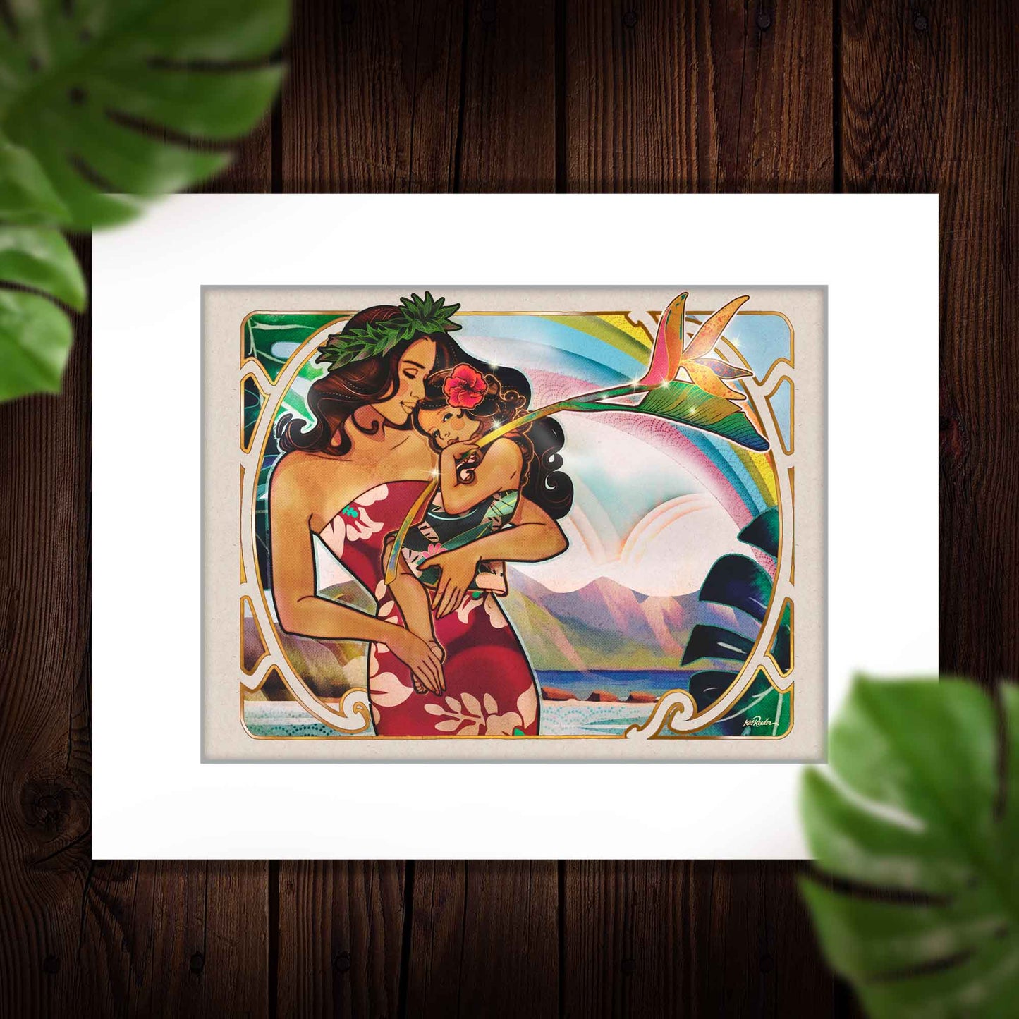 art nouveau matted print of hawaiian mother and child in 70s retro illustration style, featuring a tropical mountain and beach as a backdrop