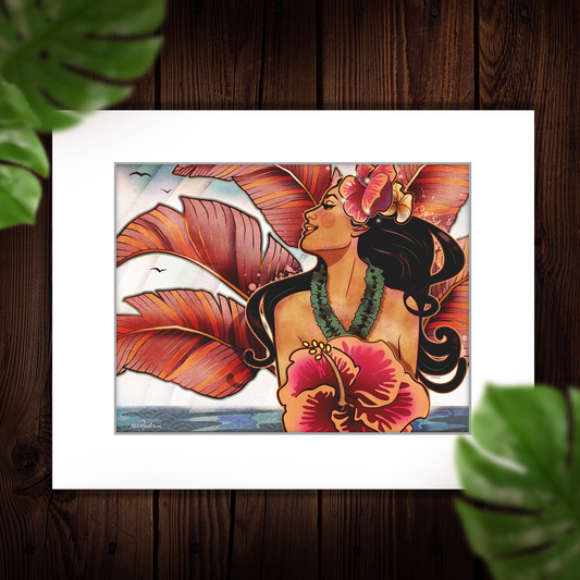 11x14 matted print of a retro-style hawaiian girl illustration. Woman is set against a calm beach. She's got pink banana leaves in the background. She's looking off into the distance. 