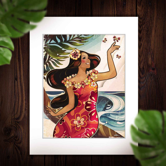 matted print of a hawaiian girl playing with butterflies in a beach. Print is a retro art nouveau style illustration. 