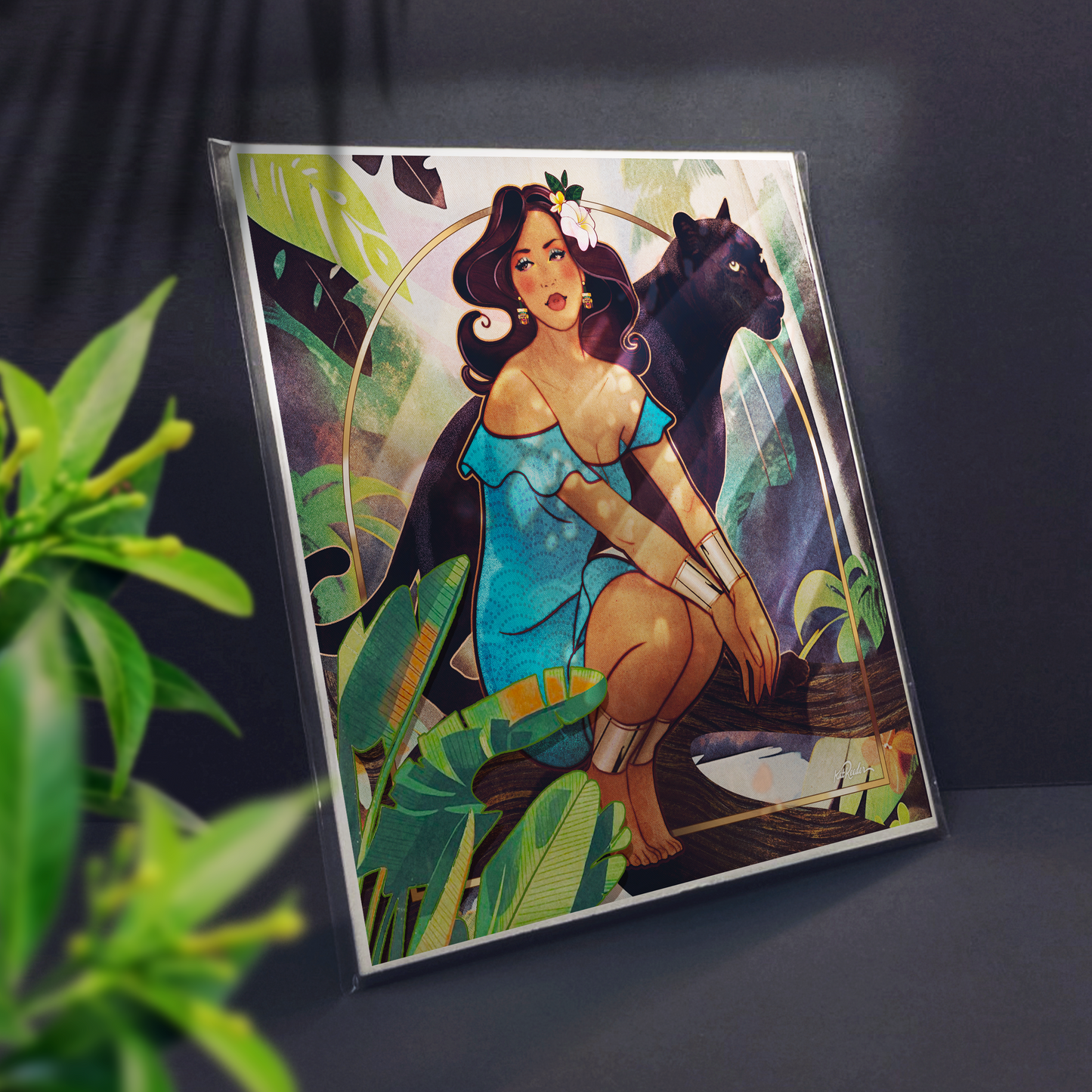 a 3/4 view of a square print featuring an illustration of a jungle queen crouching in the jungle with her black puma behind her