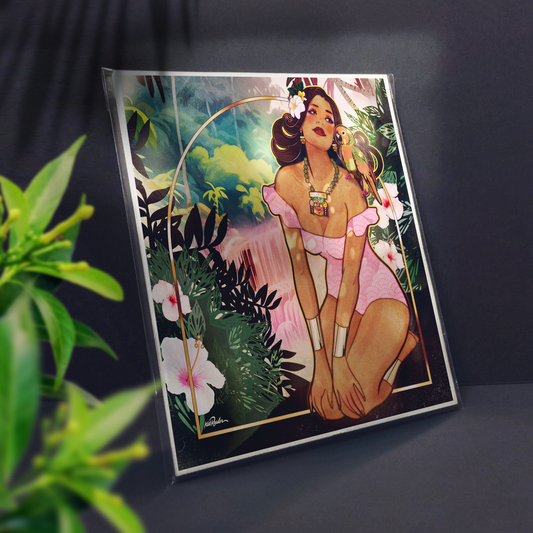 3/4 view of square print featuring a tropical tiki pin up girl with a pink dress and brown hair with a parrot on her shoulder. She is perched atop a cliff with a lush jungle backdrop and pink waterfall. 