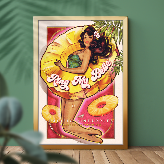 Poster mockup of a tropical vintage style pin up girl inside of a pineapple ring floatie