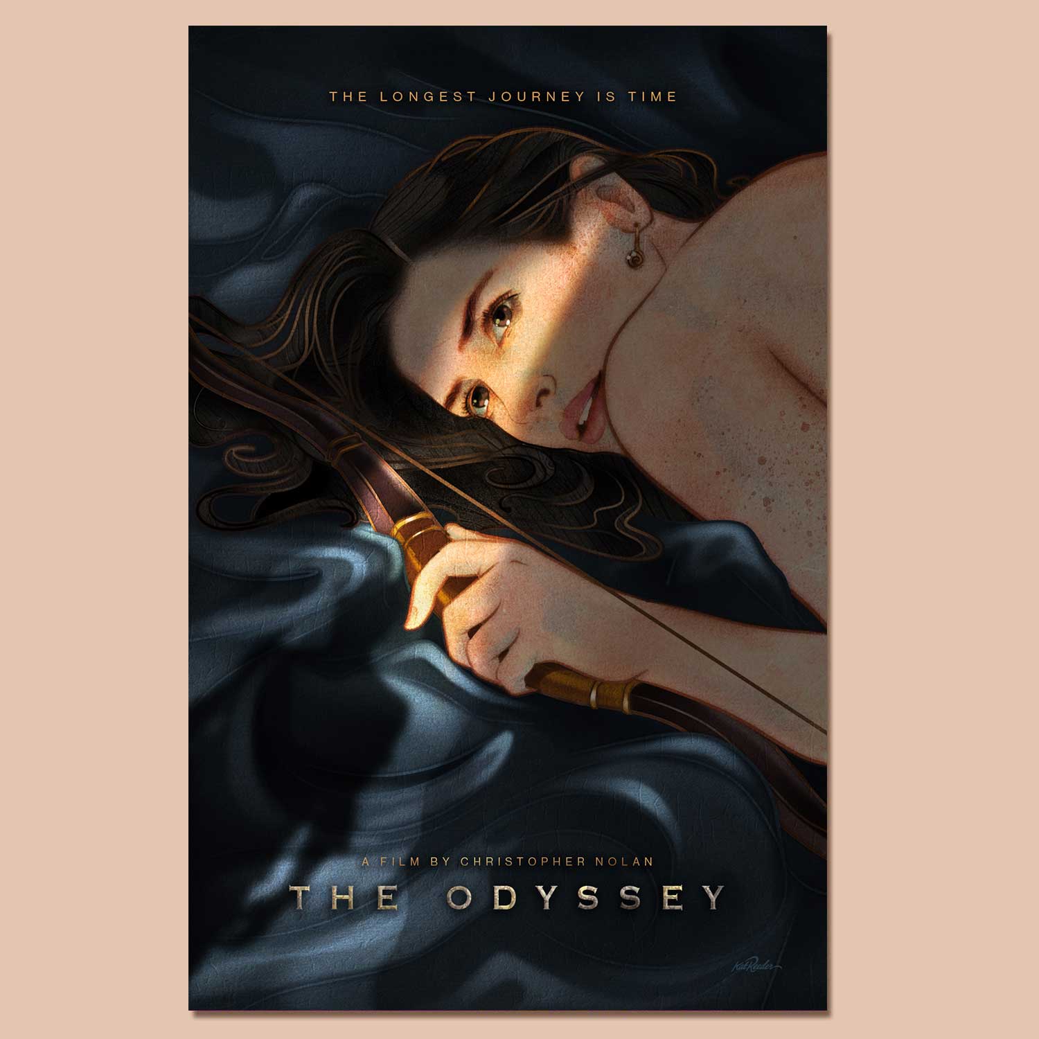 A movie poster for 'The Odyssey' featuring a stylized illustration of a woman lying on dark blue draped fabric, holding a bow. The poster has the film title 'THE ODYSSEY' and credits at the bottom, presented against a light beige background.