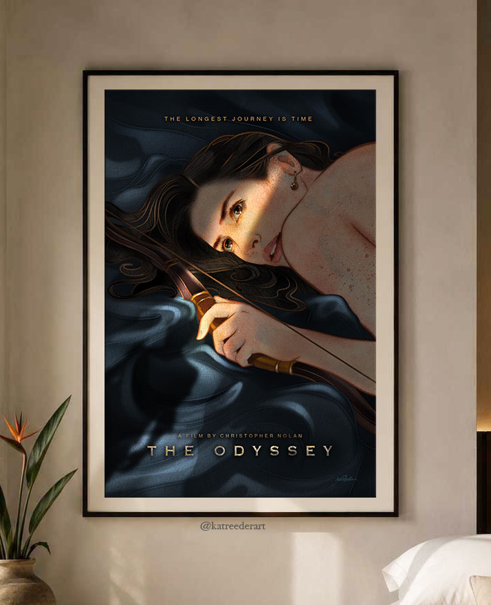 A framed art print of 'The Odyssey' poster featuring a stylized illustration of a woman with a bow and arrow, displayed on a beige wall in a bedroom setting next to a plant.