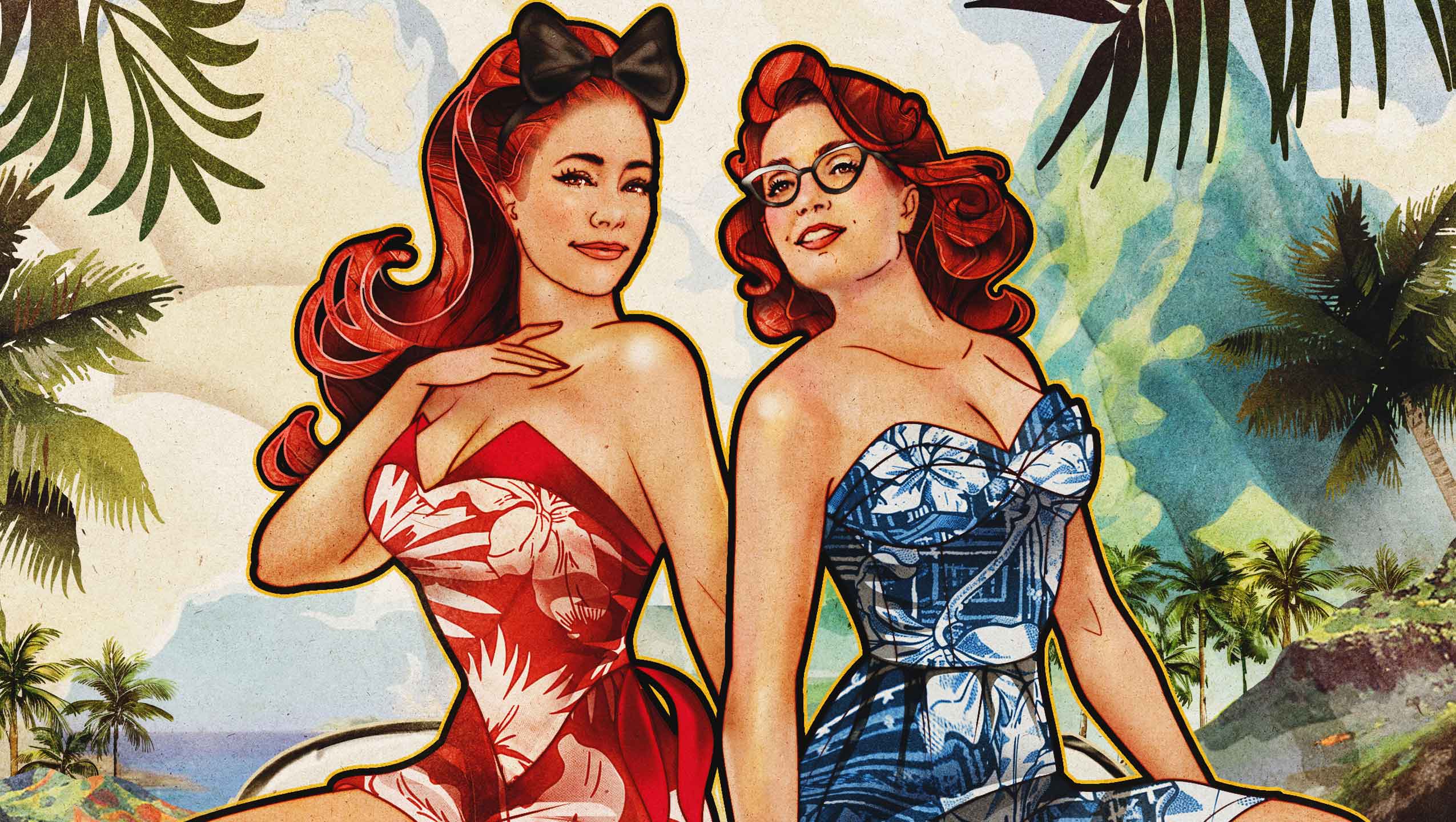 Two women in vintage swimwear with a tropical background