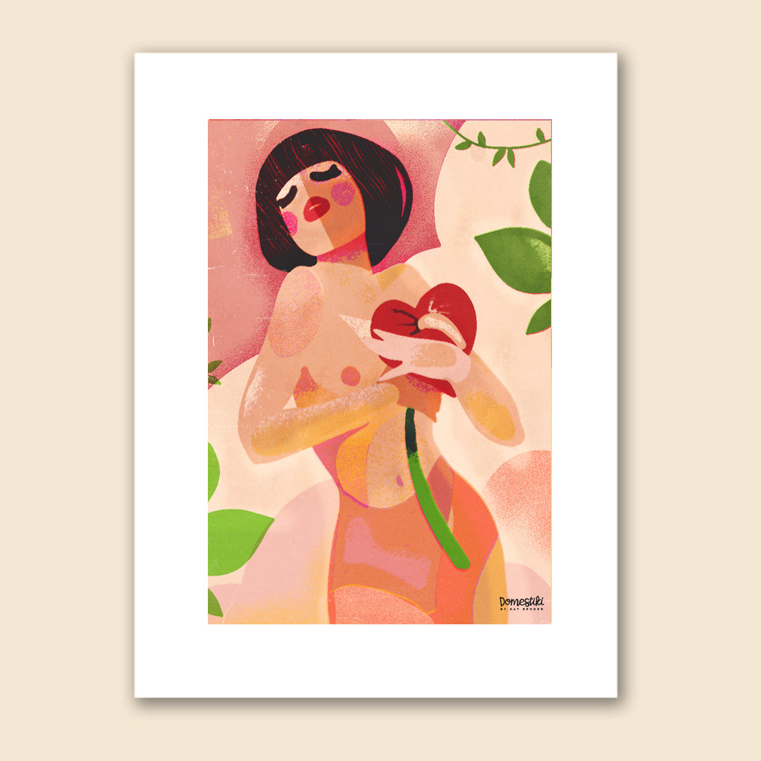 a matted print of a midcentury pop inspired illustration of a girl in love, holding a flower to her bosom. Figurative abstract midcentury modern style wall art of a woman in love. 