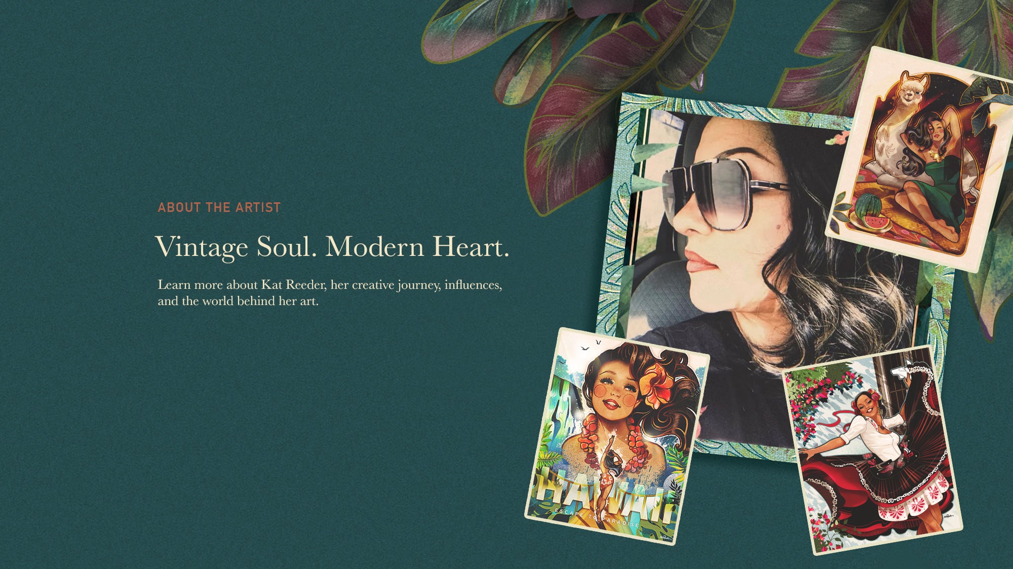 Artistic collage with portraits and text on a dark green background