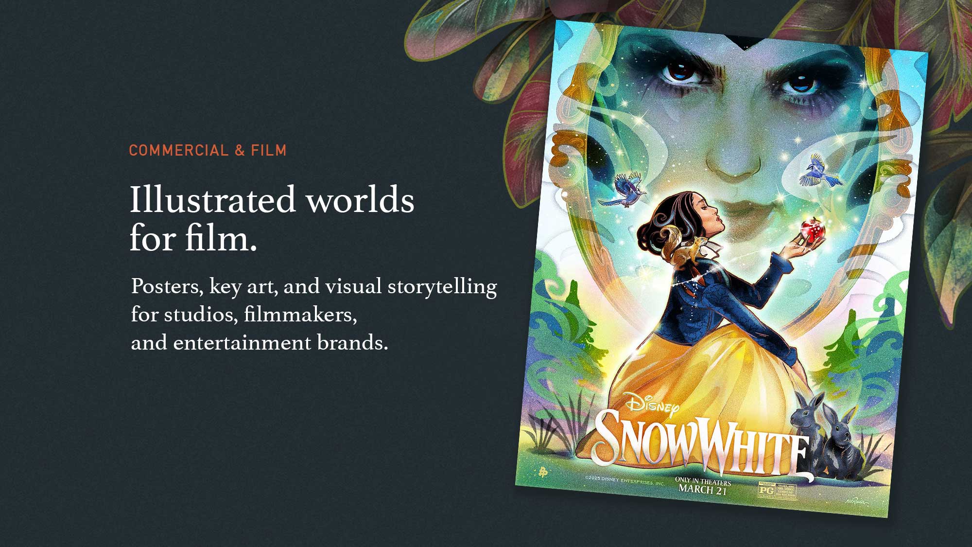 Promotional graphic for Snow White illustrated film art, showing a colorful movie poster on the right and descriptive text on the left against a dark background.