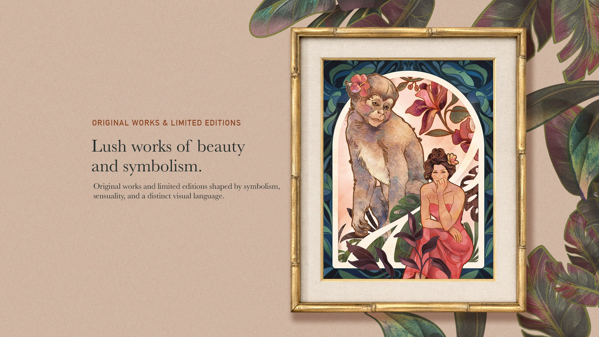 Framed artwork of a monkey and a woman with floral elements on a beige background.