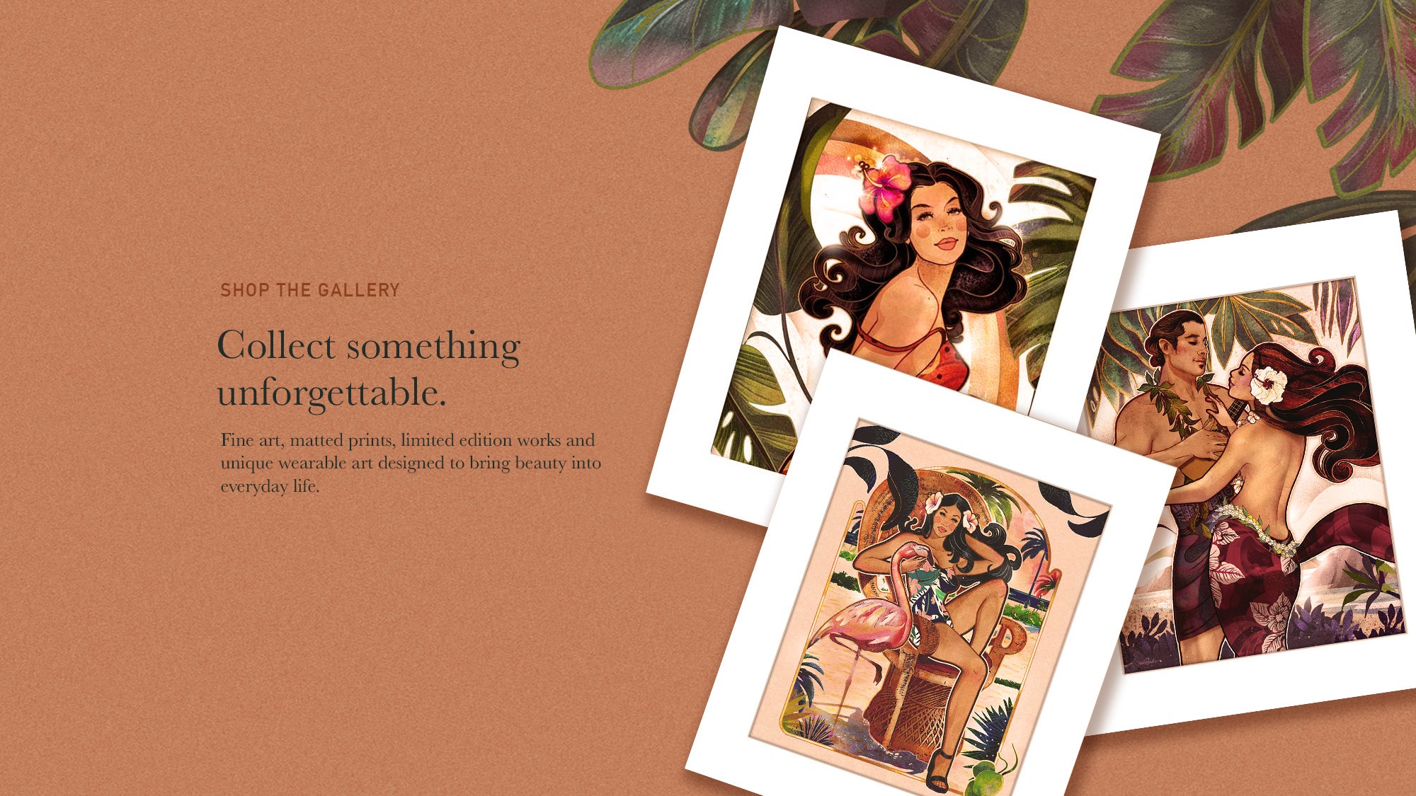 Three illustrated cards featuring women in a natural setting on a brown background with text.