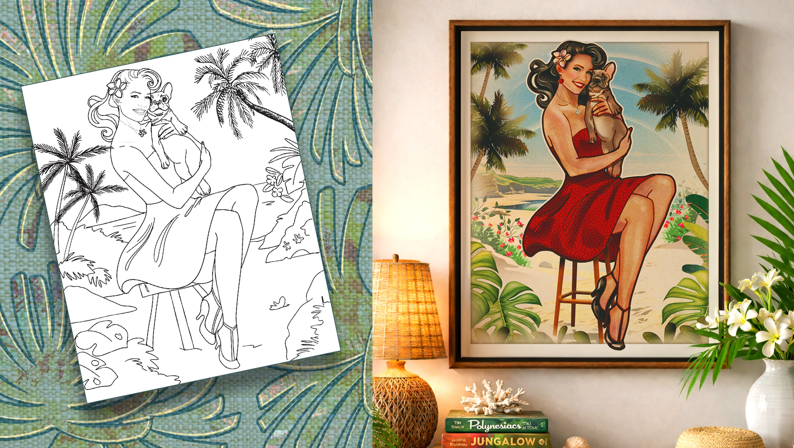 Framed artwork of a woman in a red dress with a cat, next to a coloring book with a similar design.