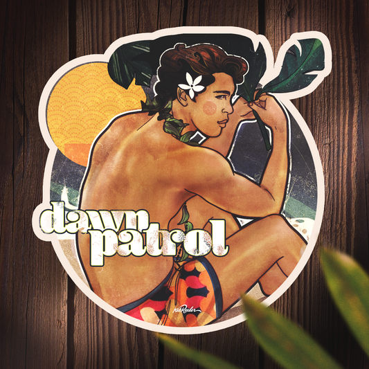 waterproof die cut sticker of beach boy sitting on the beach shore holding a palm leaf, in a vintage illustration style. Sticker features the words "dawn patrol"