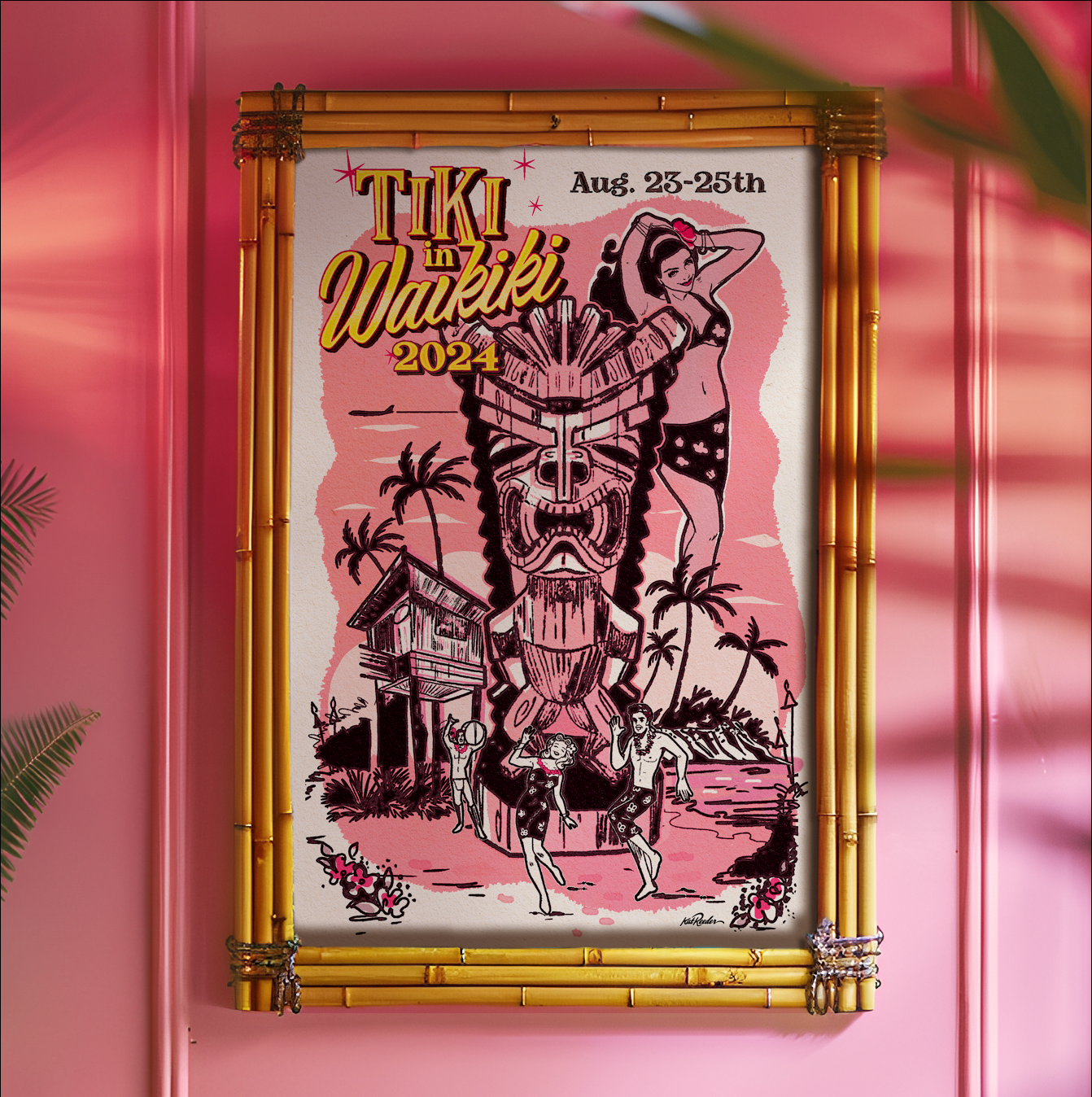 11x17 collectible poster for Tiki in Waikiki Festival hanging on a pink mid-century style wall. Image features a vintage pink theme and letterpress texture, featuring a hawaiian woman, a tiki, and happy people dancing by the beach. 