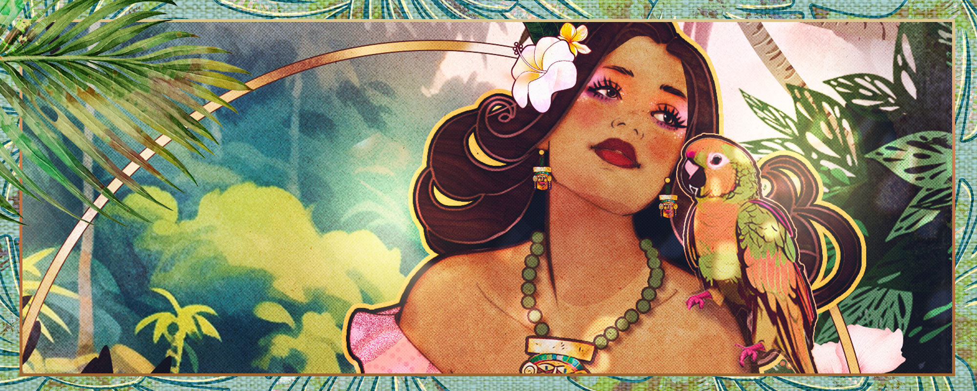Vintage-inspired tropical illustration by Kat Reeder featuring a sultry island woman with flowing hair, bold jewelry, and a colorful parrot, set in a lush pink jungle environment