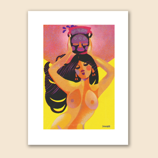 11x14 matted print featuring an abstract illustration of a dark-haired nude island girl in the style of mid-century pop art holding a pitcher of wine of her head