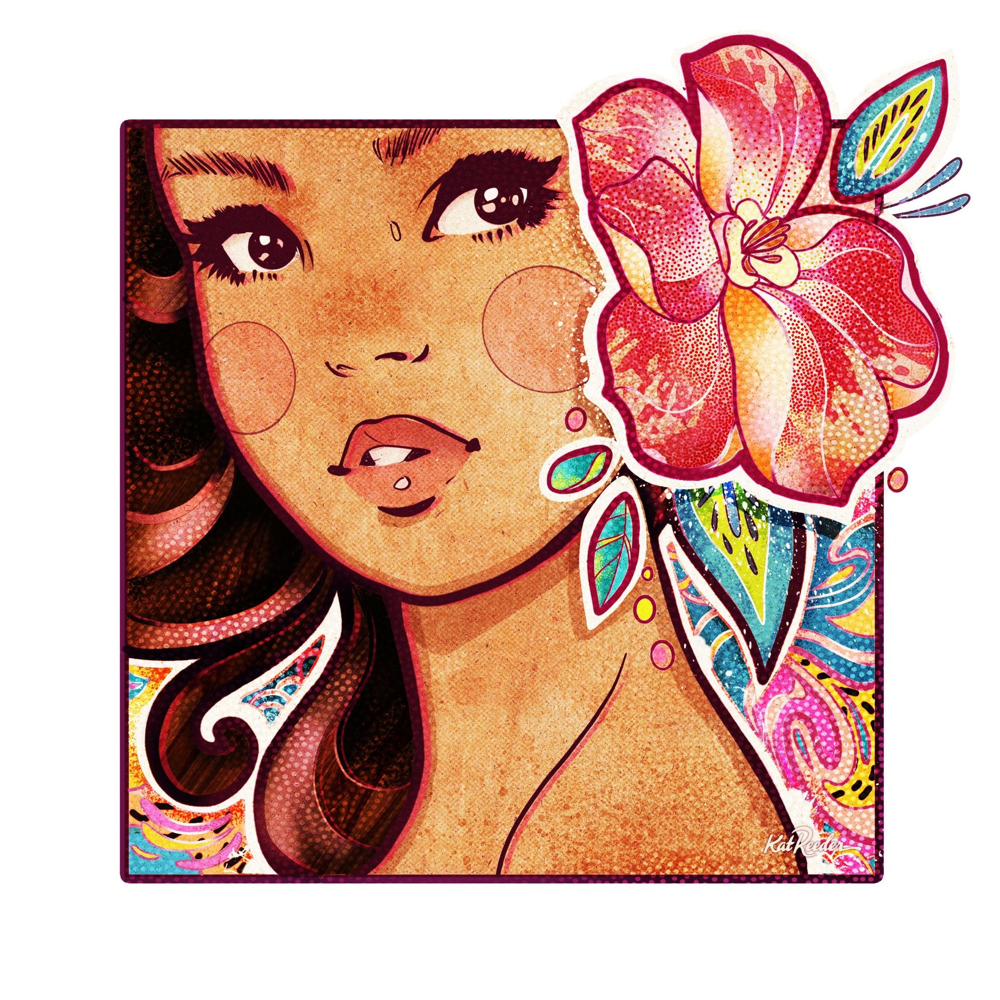 retro style illustration of a dark haired island girl with big bold eyes and a large flower in her hair, surrounded by psychedelic swirls and a white frame in the style of 1960s pop art