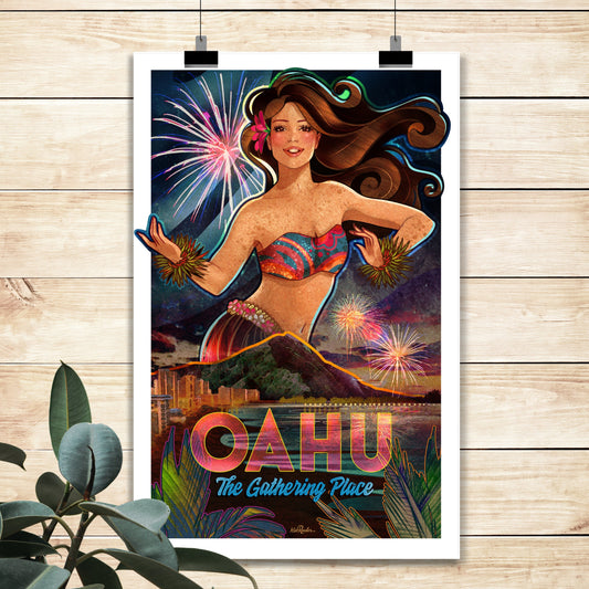11x17 poster of an illustration of waikiki at night featuring a hula girl dancing with fireworks all around her, diamond head and waikiki hotels in the foreground. The poster reads "Oahu, the gathering place"