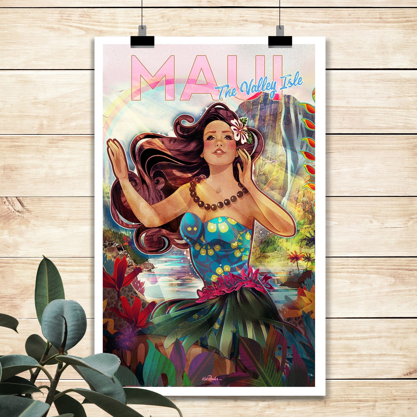 a vintage style travel poster for Maui featuring a hula dancer moving her hands while sitting next to a valley and river with a rainbow in the sky