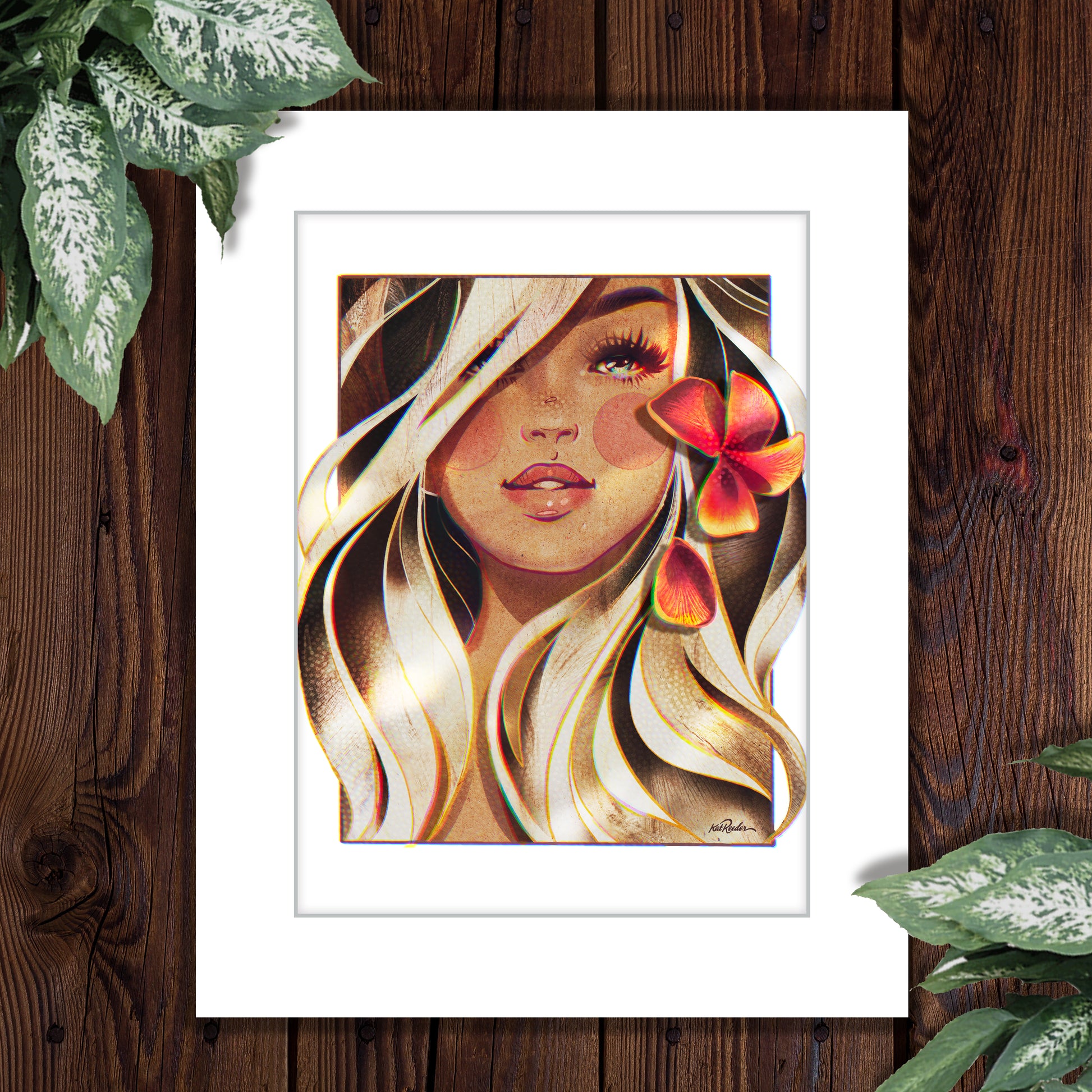 11x14 matted print of an illustration of a blond surfer girl with an orange plumeria in her left ear in a 1970s print style. 