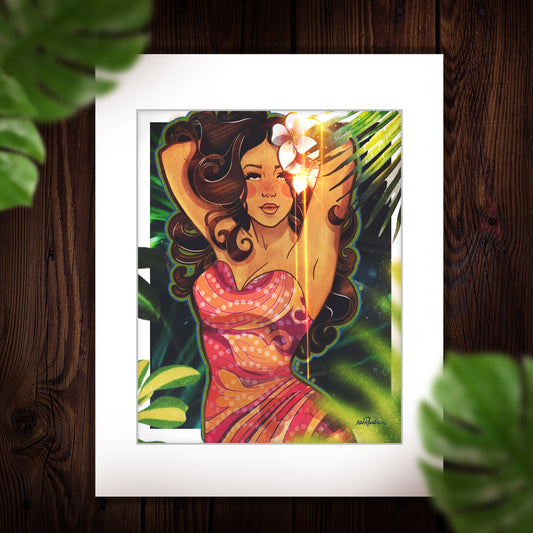 retro style illustration of a seductive latin pin up woman with cascading hair and white flowers in her hair dripping in gold