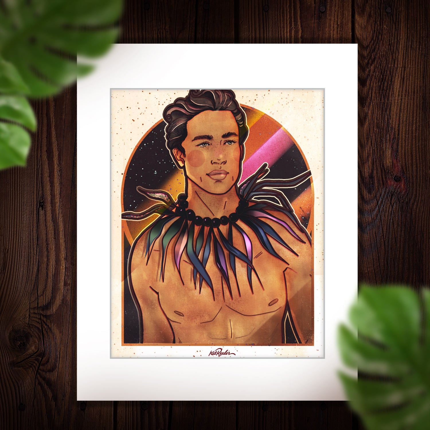 11x14 matted print featuring a retro illustration of a native island man featuring a starry sky and a 70s style rainbow as a backdrop.