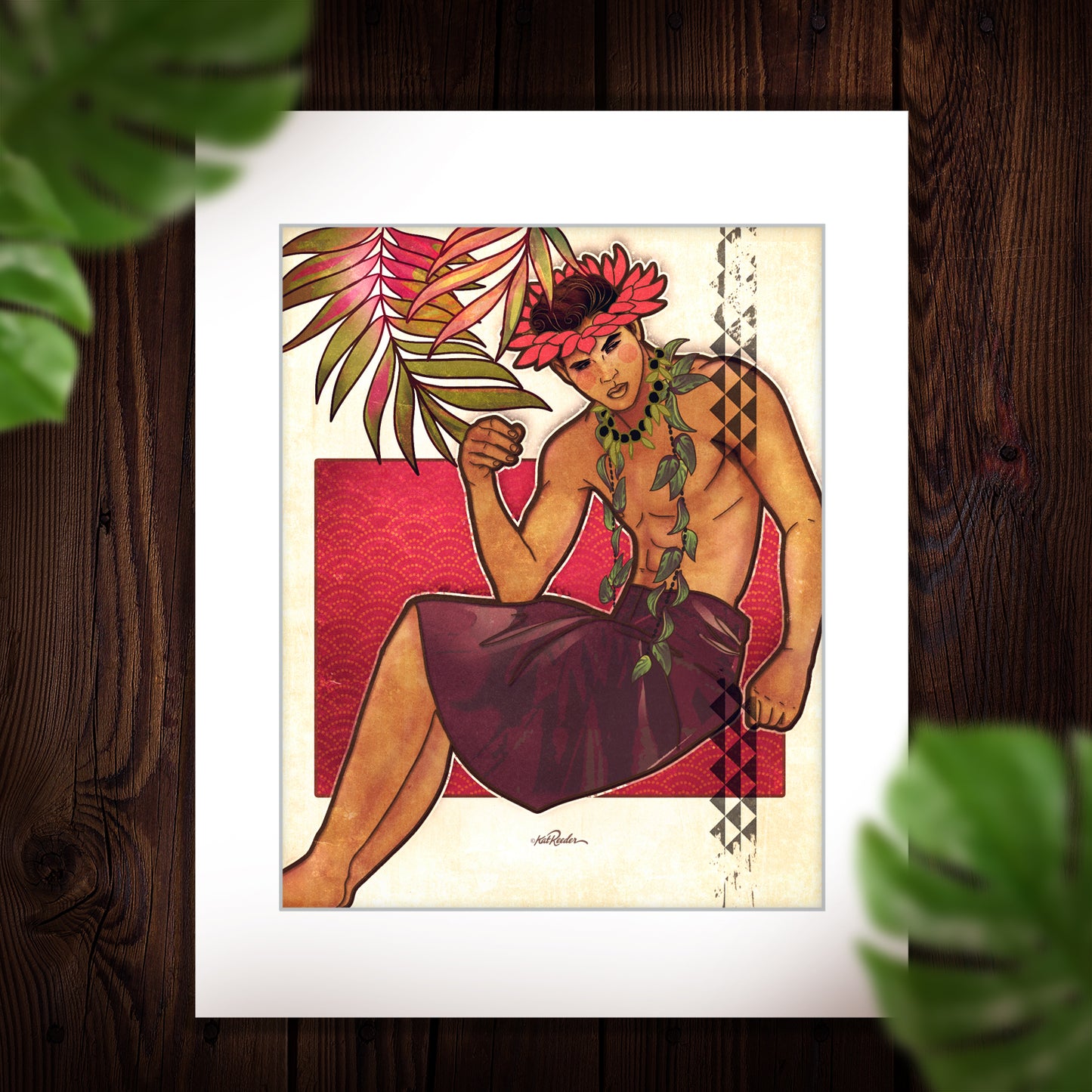 retro style minimalist illustration of a shirtless male hula dancer