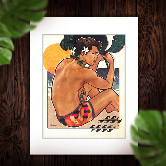 masculine retro illustration of a beach boy sitting at the shore holding a banana leaf while looking at the ocean horizon