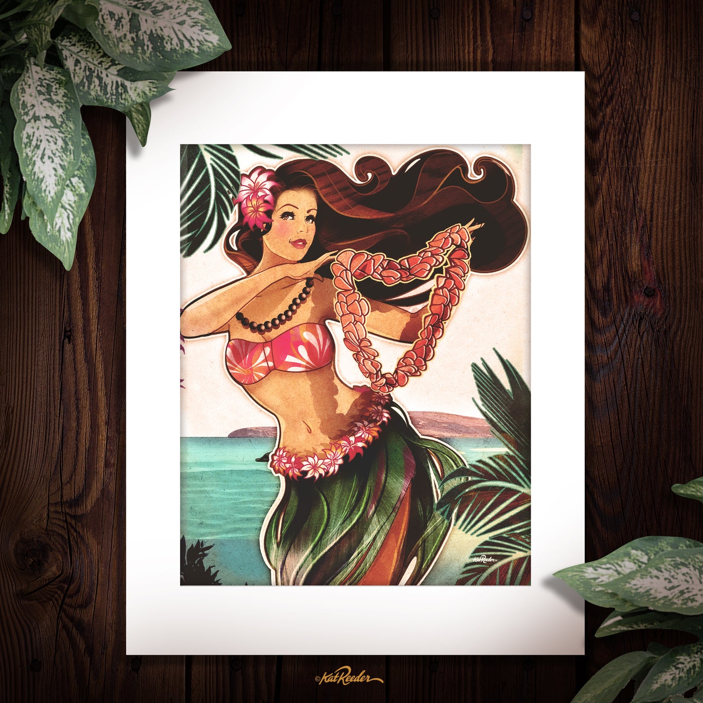 vintage style illustration of a hula dancer holding a lei with big hair blowing in the wind with a beach backdrop