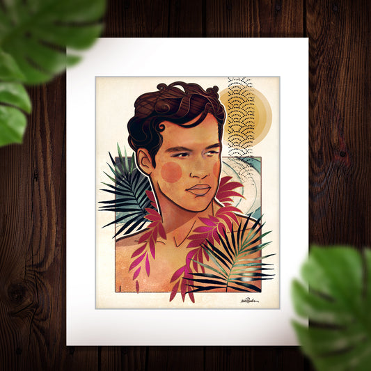 vintage style illustration of a boho beach boy, minimalist 70s style. Boy looks off to his left, wearing a pink lei and dark green palm leaves. Image is adorned with minimalist abstract patterns to mimic the ocean