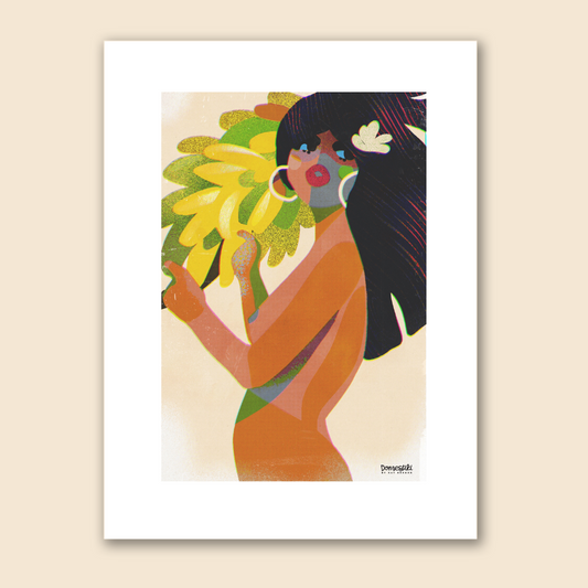 11x14 matted print featuring an abstract illustration of a dark-haired nude island girl in the style of mid-century pop art holding a cluster of bananas. 