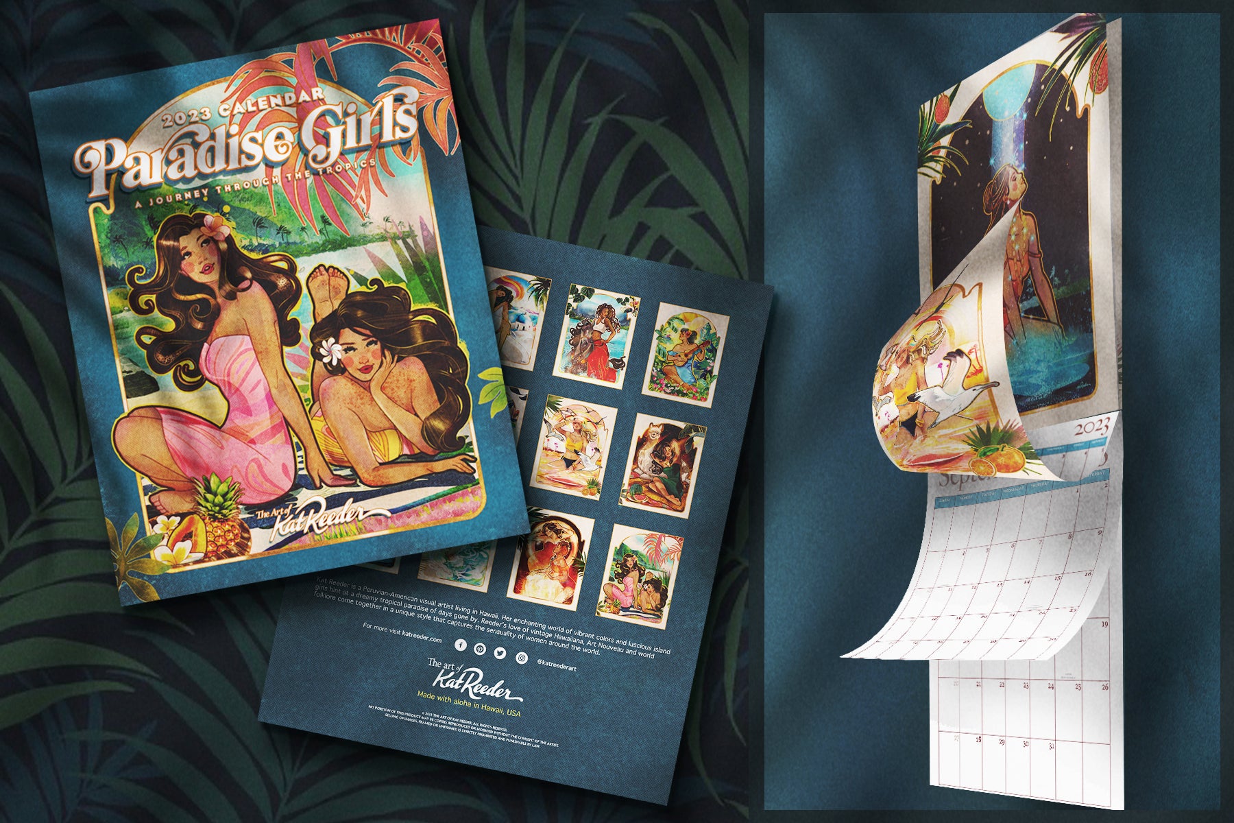 hawaiian calendar, retro-style calendar, digital illustration, made in hawaii, hawaii souvenirs, hawaiian artist, vintage-inspired, international girls