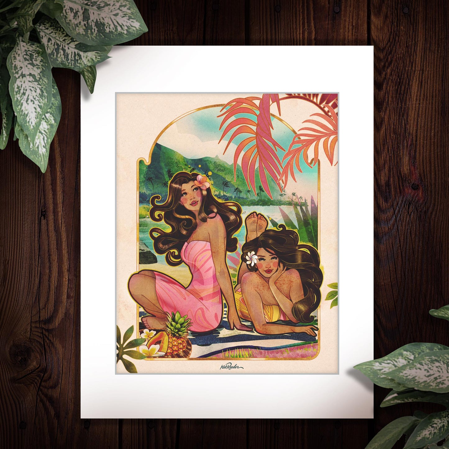 art nouveau illustration of two hawaiian girls, one sexy and one shy, both sitting in a beach with pink palm trees, fruits and mountain views