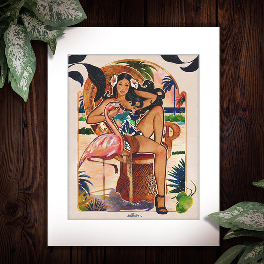 a vintage style illustration of a miami girl sitting on a wicker chair hugging a flamingo surrounded by a pink beach, coconuts and a gold frame