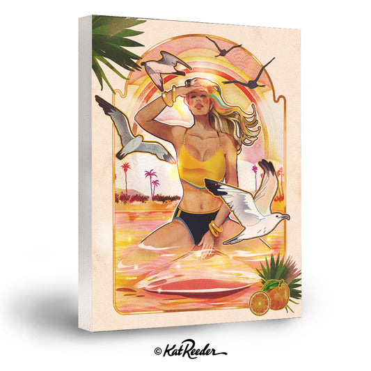 gallery wrapped canvas print featuring a 70s inspired illustration of a blonde surfer girl, sitting on a surfboard on a beach at sunset surrounded by seagulls and glowing sky. 