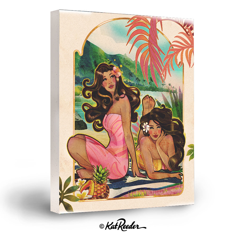 canvas print of an illustration of two hawaiian girls, one sexy and one shy, both sitting in a beach with pink palm trees, fruits and mountain views