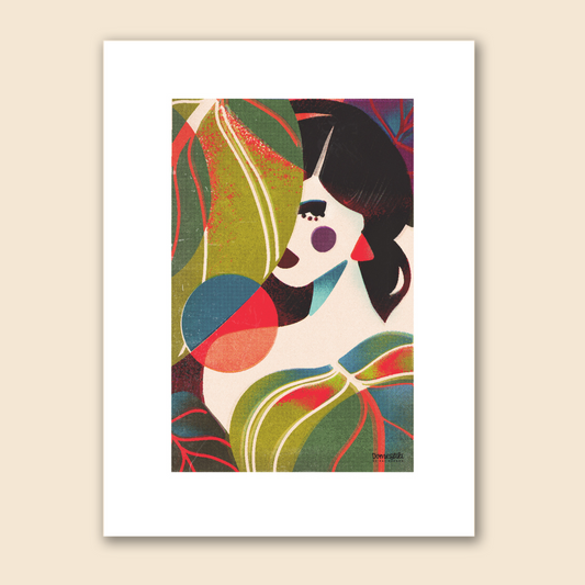 retro inspired illustration of a dark haired island girl in the style of mid century modern art hiding behind large leaves in a minimal color scheme of green, white, purple and red.