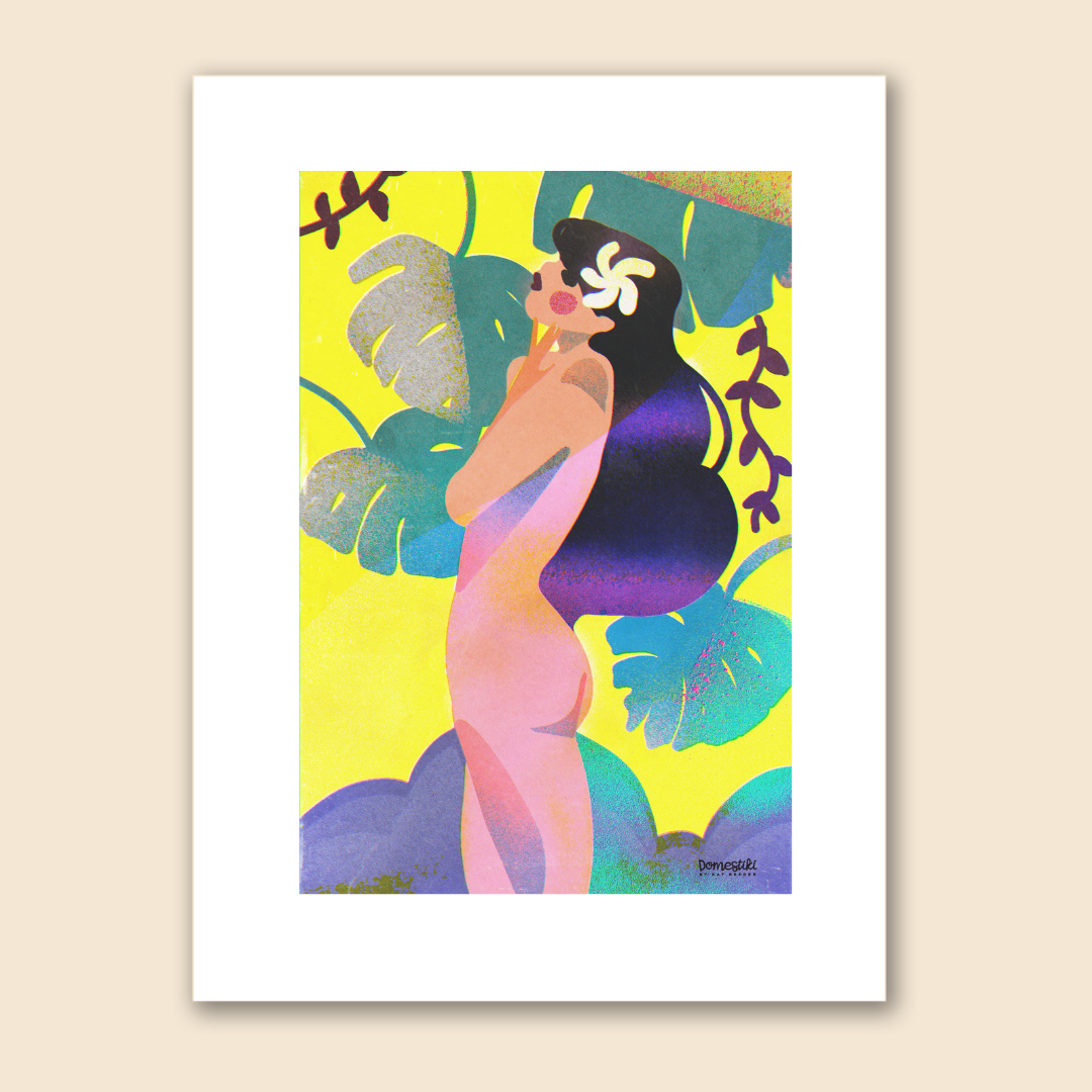 11x14 matted print featuring an abstract illustration of a dark-haired nude island girl in the style of mid-century pop art. Featuring a bright yellow backdrop and large monstera leaves.  