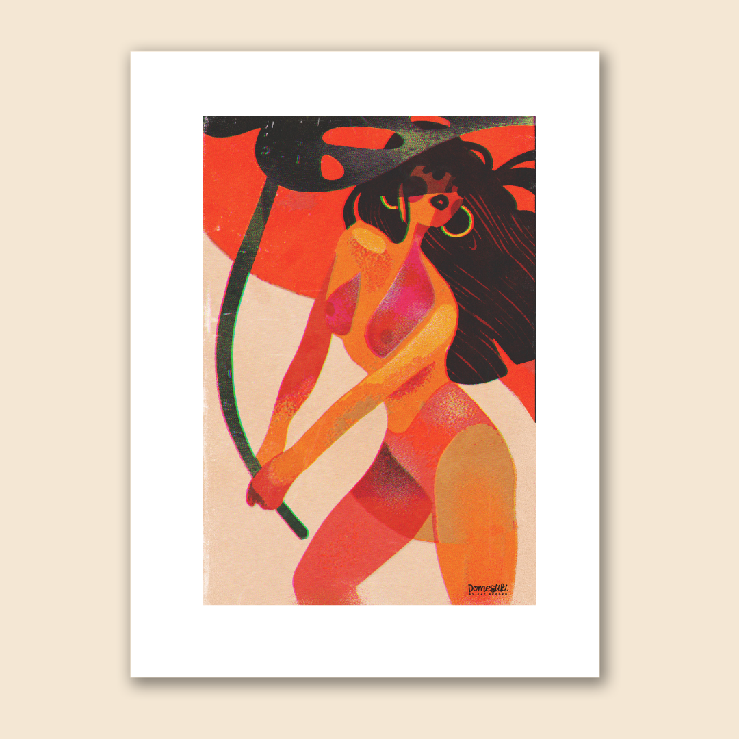 1960s style, 60s art, vintage tropical poster, midcentury pop, nude woman, abstract
