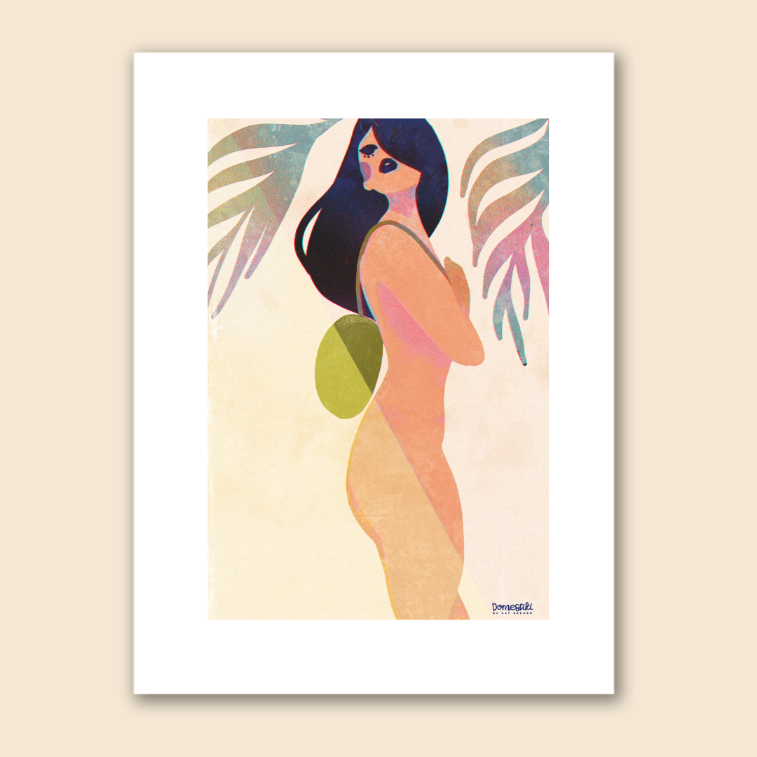 midcentury modern art, retro inspired, abstract female art, tropical poster, coconut, florida art