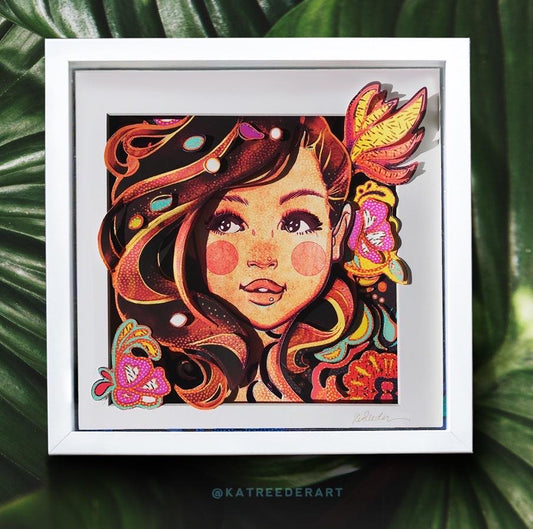 shadow box paper tole art of vintage-style hawaiian girl surrounded by abstract flowers and swirls in the style of pucci and pop art