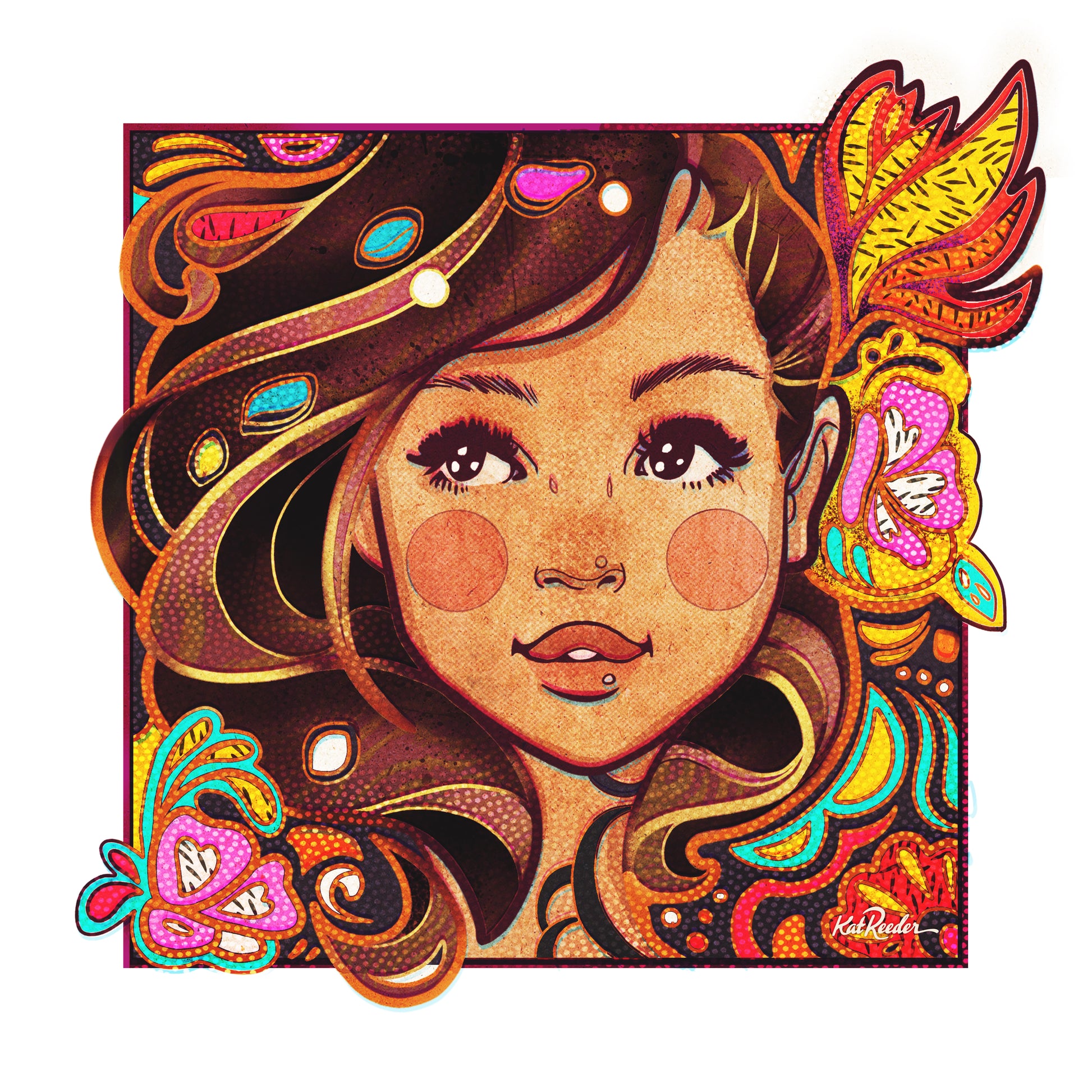 vintage-style illustration of the face of a young dark haired girl, surrounded by abstract flowers and swirls in the style of pucci and pop art