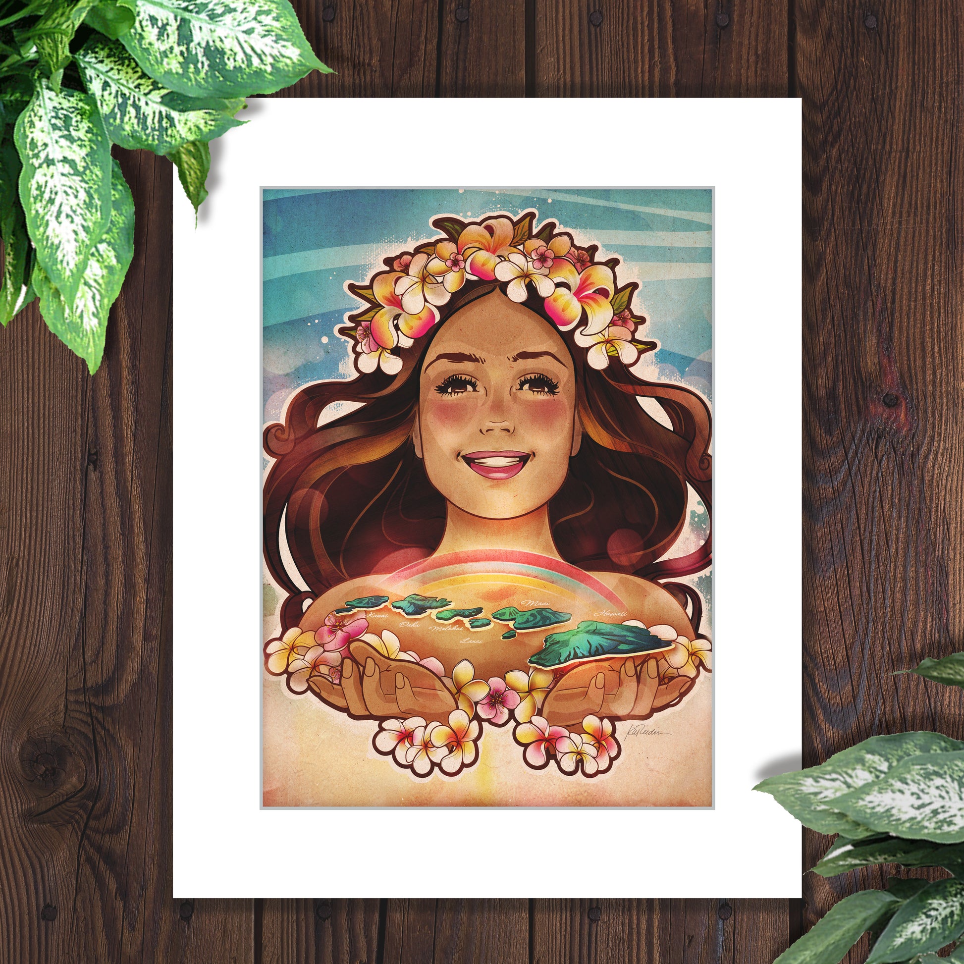 retro style illustration of a hula girl with her hands cradling Hawaiian islands. Featuring a mix of art nouveau and 70s vintage poster illustration. 
