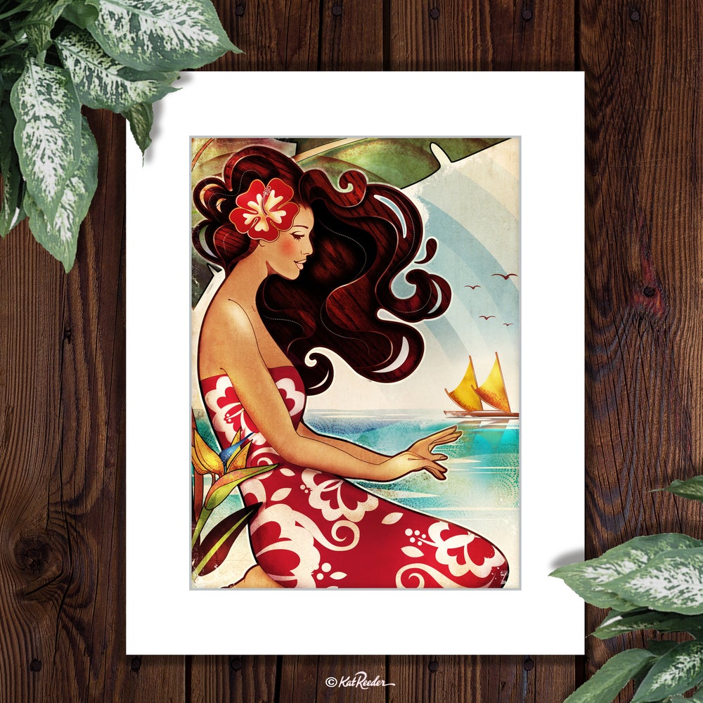 retro modern illustration of a hula girl in a red dress sitting by the beach with hula hands greeting a hawaiian outrigger on the horizon in the distance